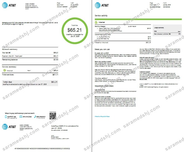 USA AT&T utility bill template in Word and PDF formats, 2 pages, version 2